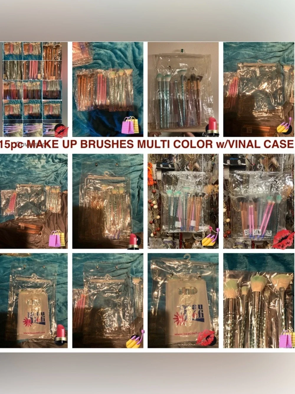15 Assorted Makeup Brush Sets RoseGold, Pink & Teal Handles w/vinyl snap case NW